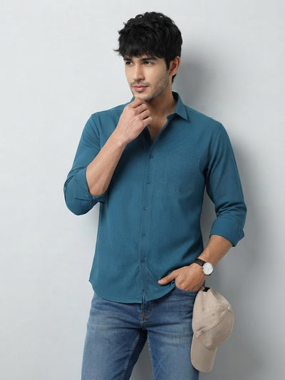 Deep Teal Blue Cube Checked Casual Shirt
