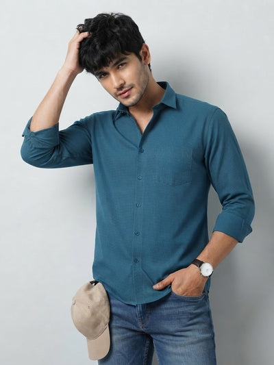 Deep Teal Blue Cube Checked Casual Shirt