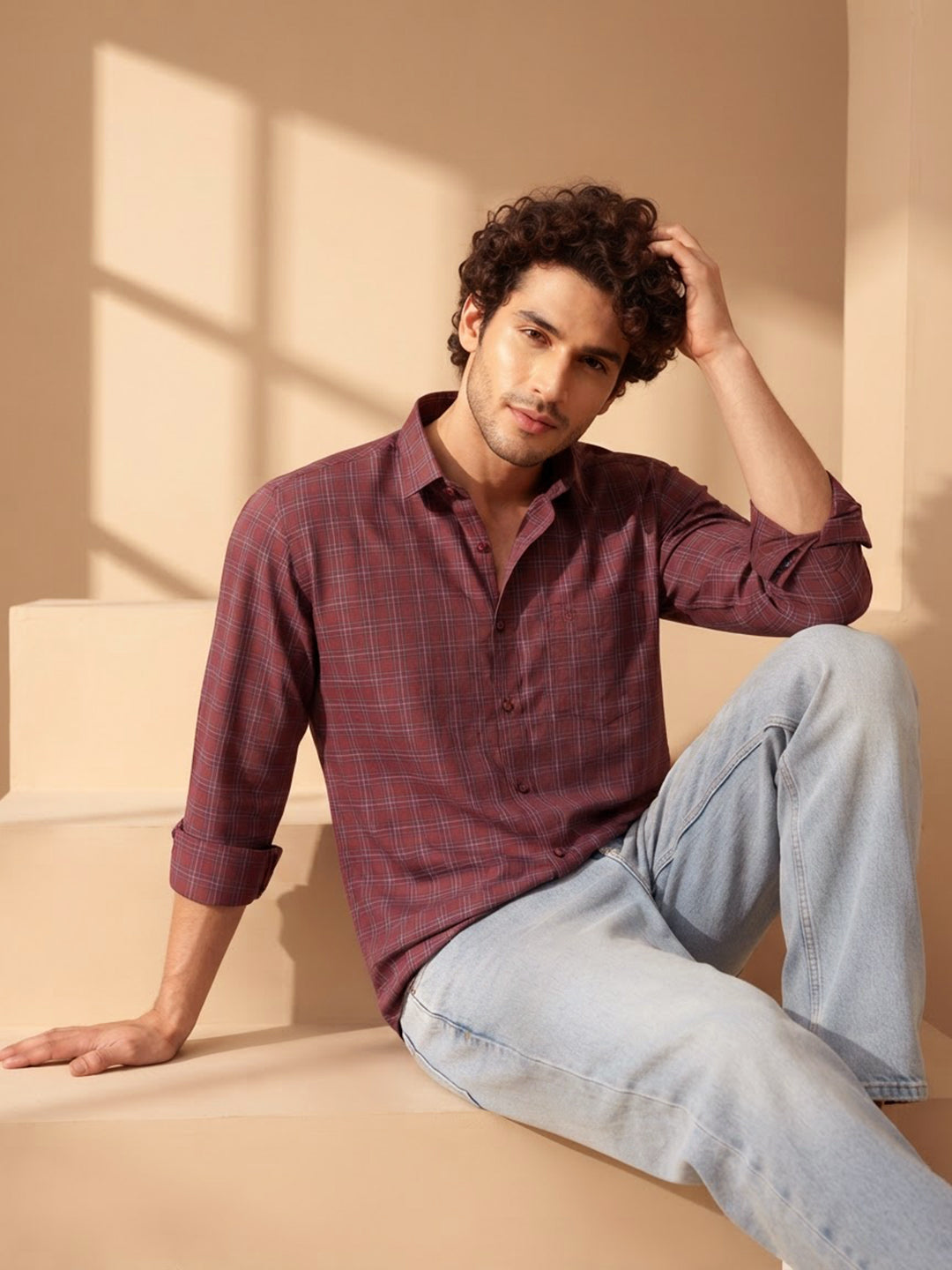 Burgundy Red Checked Casual Shirt