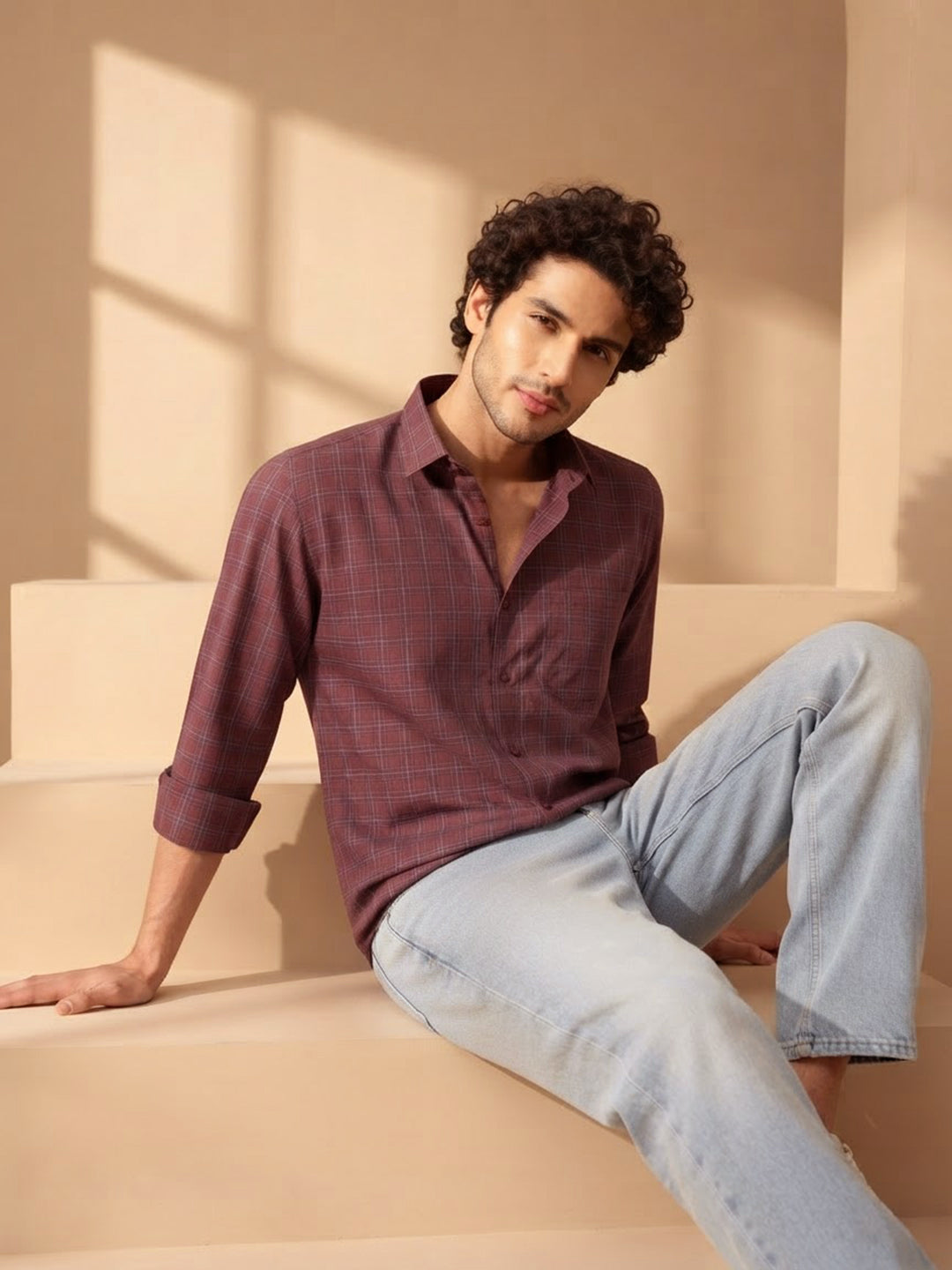 Burgundy Red Checked Casual Shirt