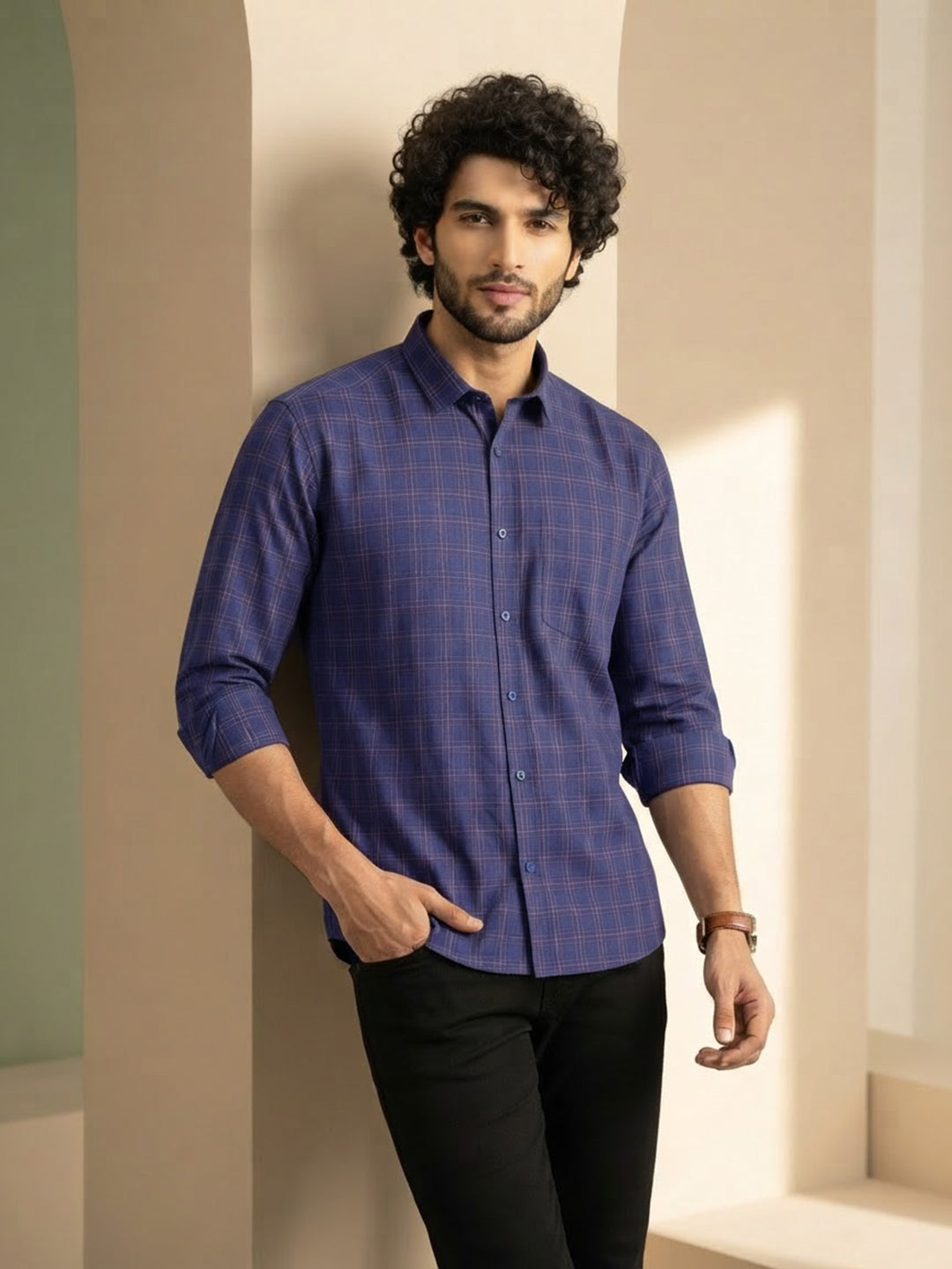 Navy Blue Checked Casual Shirt
