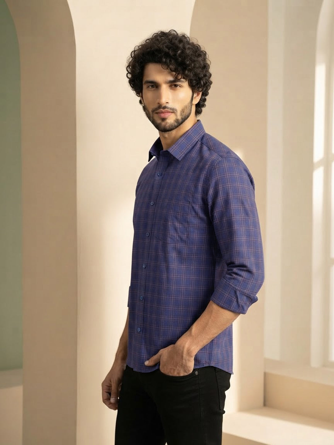 Navy Blue Checked Casual Shirt