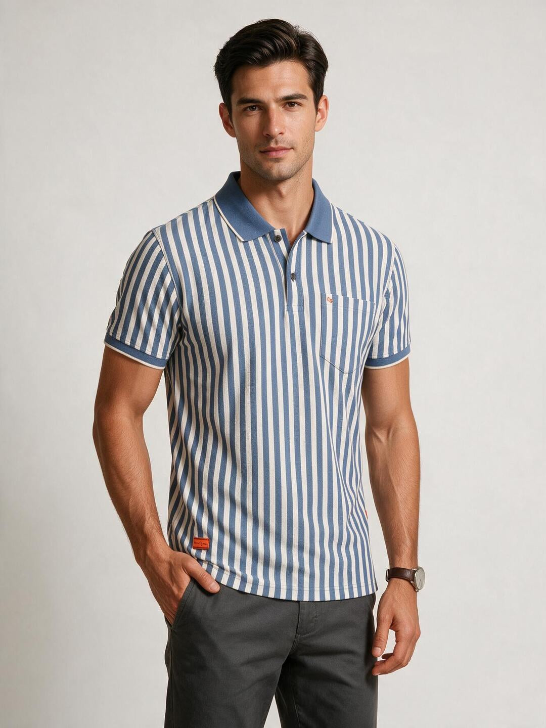 Slate Blue and Cream Striped Polo T Shirt