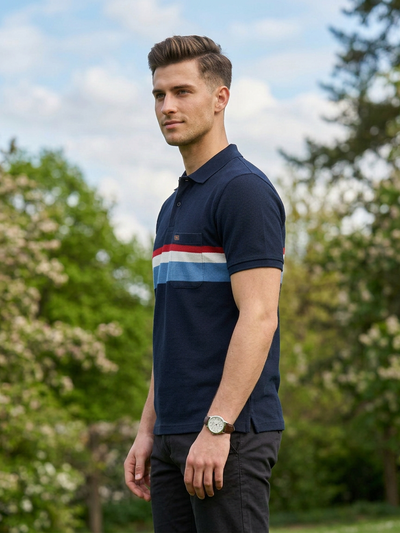 Deep Blue Horizontal Stripes Polo T Shirt
