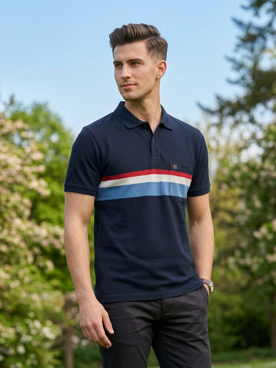 Deep Blue Horizontal Stripes Polo T Shirt