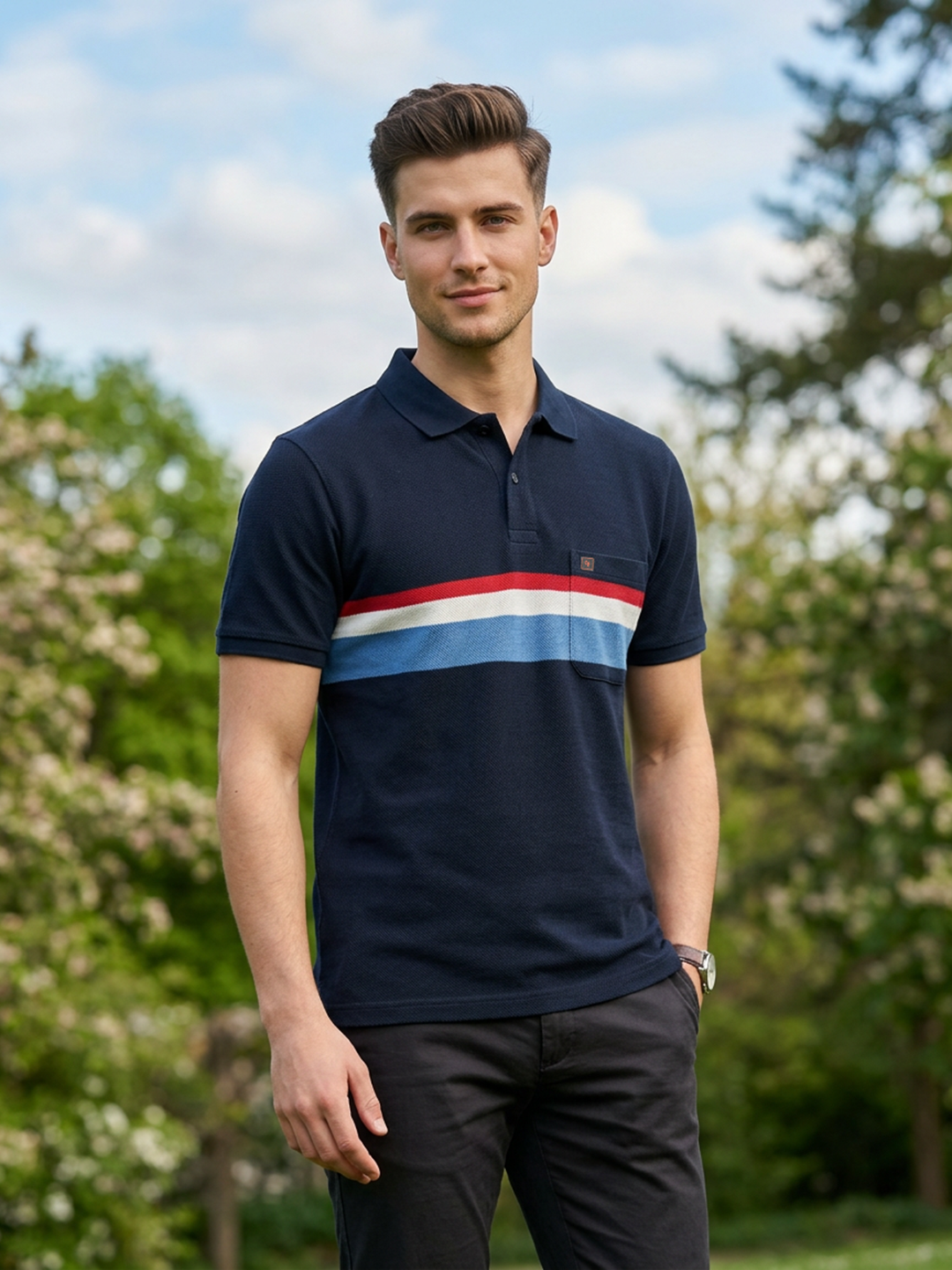 Deep Blue Horizontal Stripes Polo T Shirt
