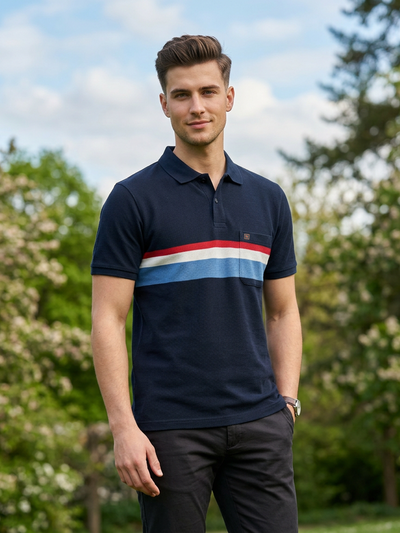 Deep Blue Horizontal Stripes Polo T Shirt