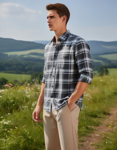 Jet Black and White Checked Casual Shirt