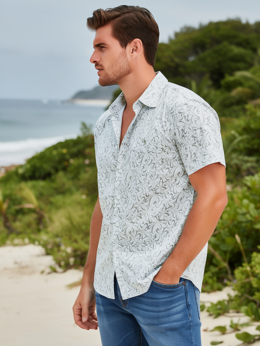 Dusty Olive Floral Printed Casual Shirt