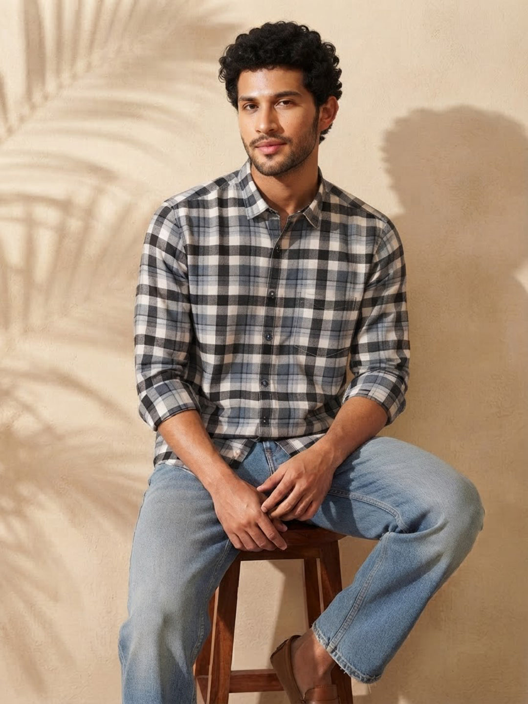 Charcoal Blue and Grey Checked Casual Shirt