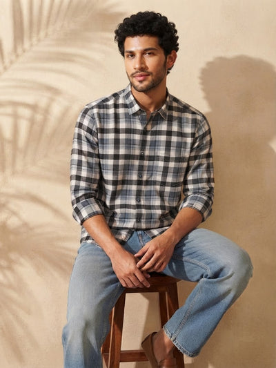 Charcoal Blue and Grey Checked Casual Shirt