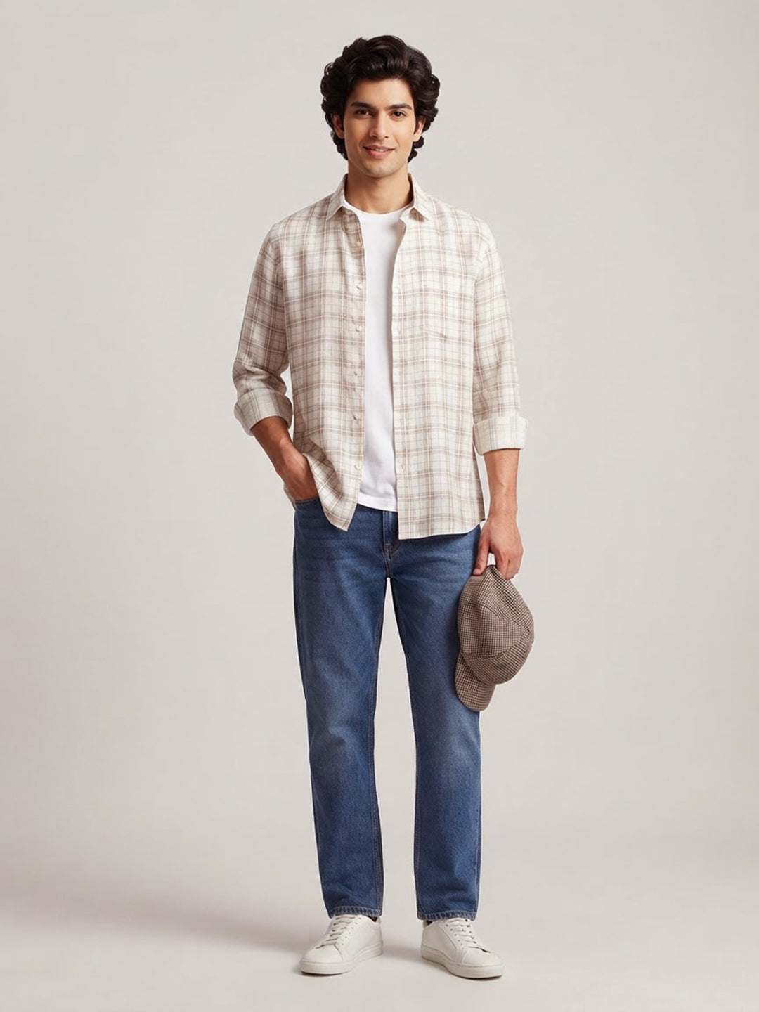Taupe Beige and Cream Checked Casual Shirt