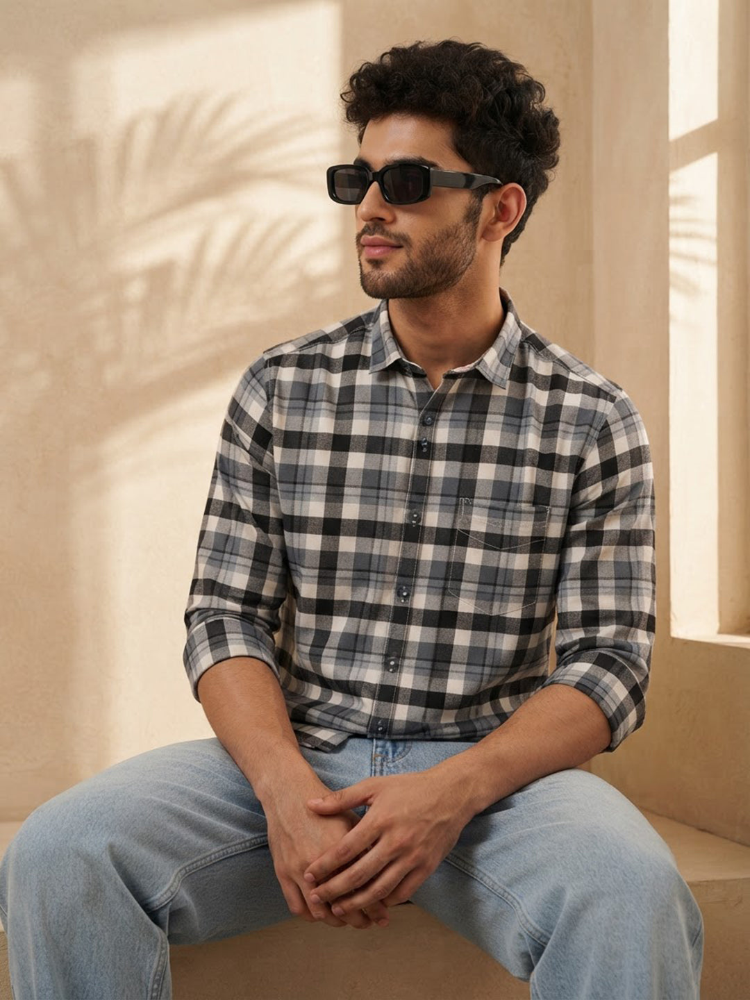 Charcoal Blue and Grey Checked Casual Shirt