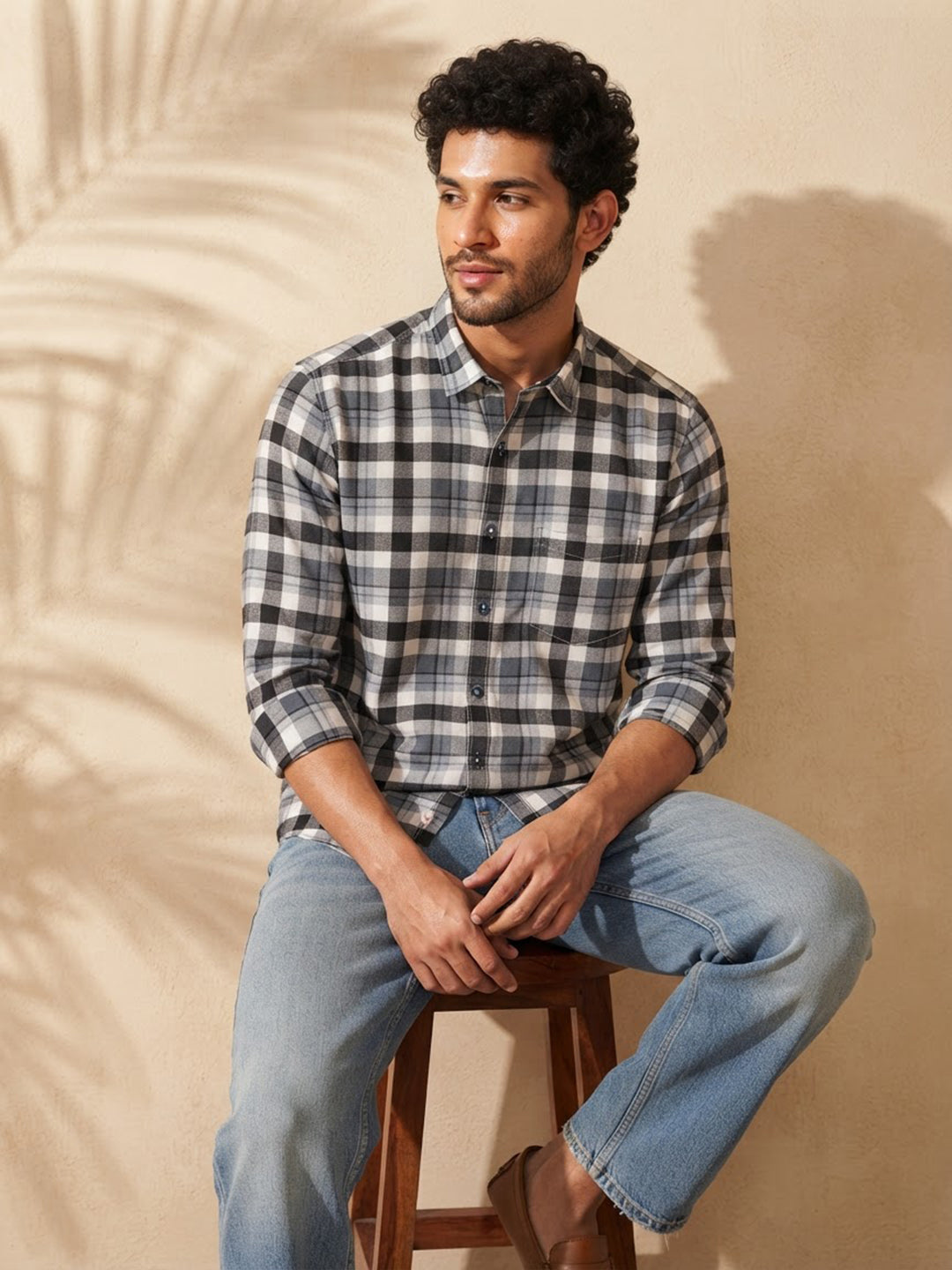 Charcoal Blue and Grey Checked Casual Shirt