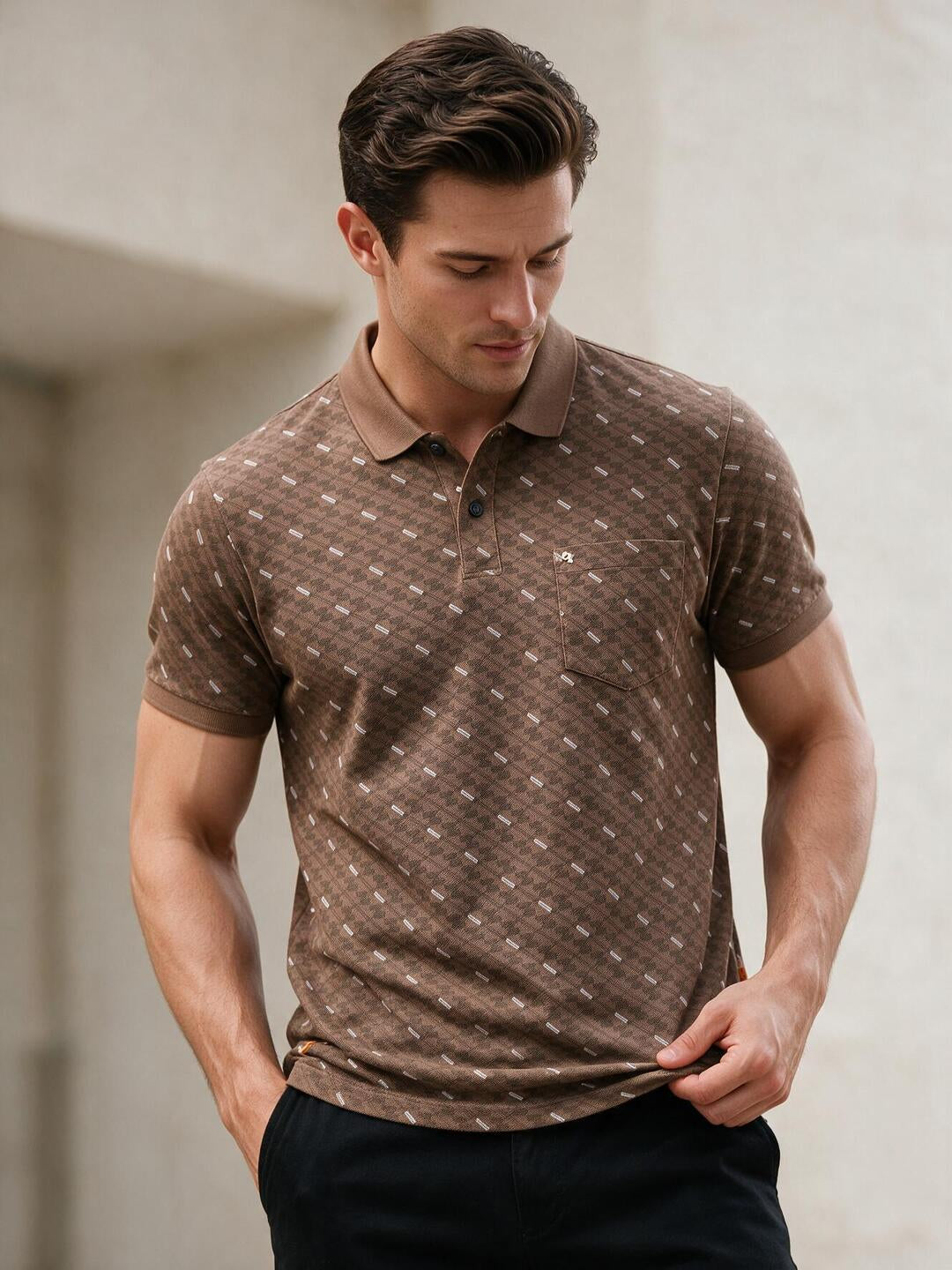 Fawn Brown Printed Polo T Shirt