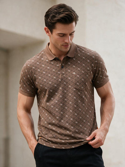 Fawn Brown Printed Polo T Shirt