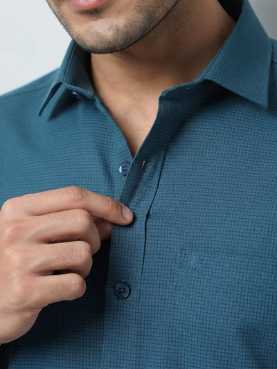 Deep Teal Blue Cube Checked Casual Shirt