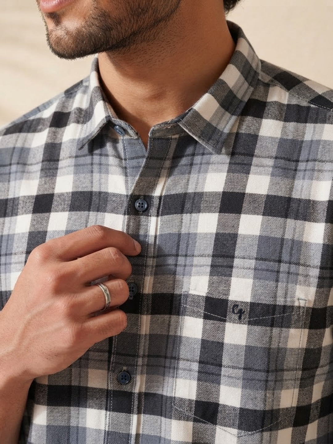 Charcoal Blue and Grey Checked Casual Shirt