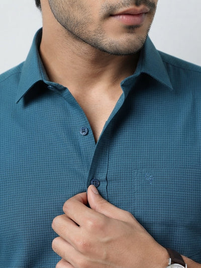 Deep Teal Blue Cube Checked Casual Shirt