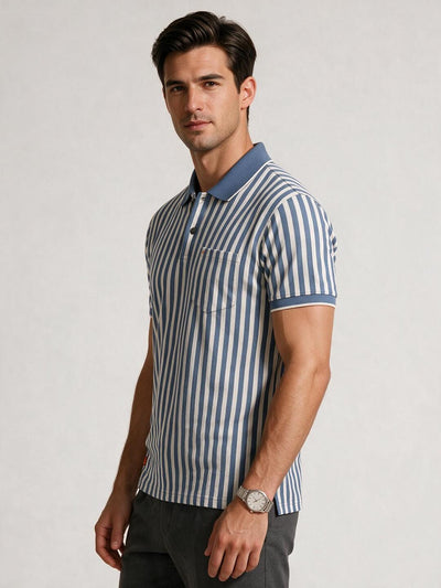 Slate Blue and Cream Striped Polo T Shirt