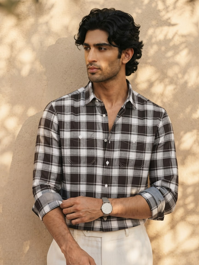 Oak Brown Checked Casual Shirt with Dual Chest Pockets