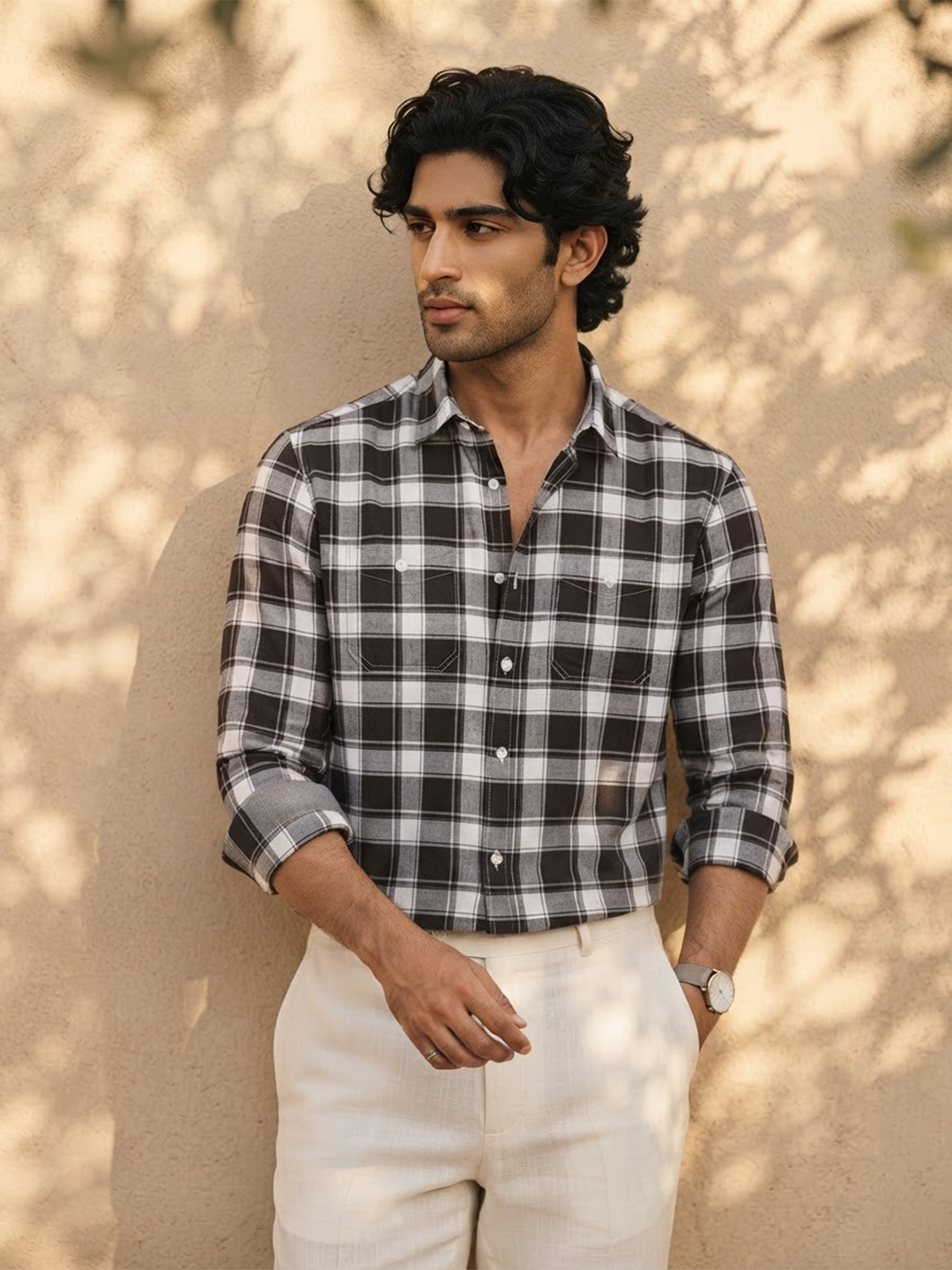 Oak Brown Checked Casual Shirt with Dual Chest Pockets
