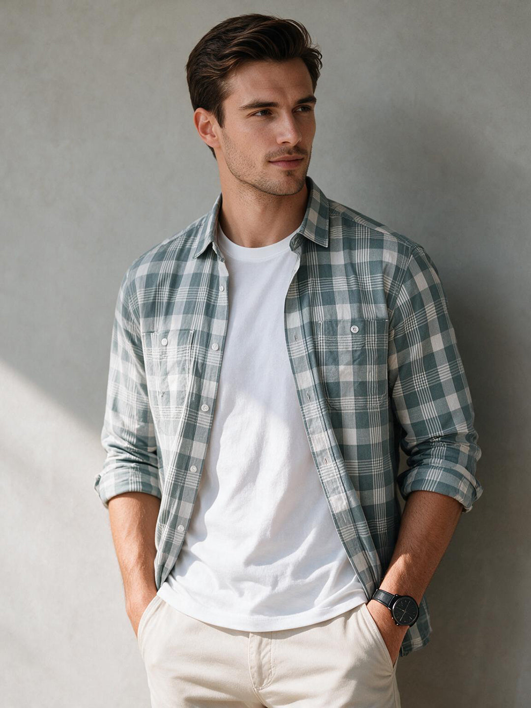Misty Sage Checked Casual Shirt with Dual Chest Pockets