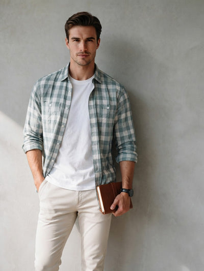 Misty Sage Checked Casual Shirt with Dual Chest Pockets