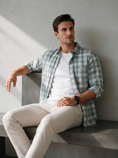 Misty Sage Checked Casual Shirt with Dual Chest Pockets