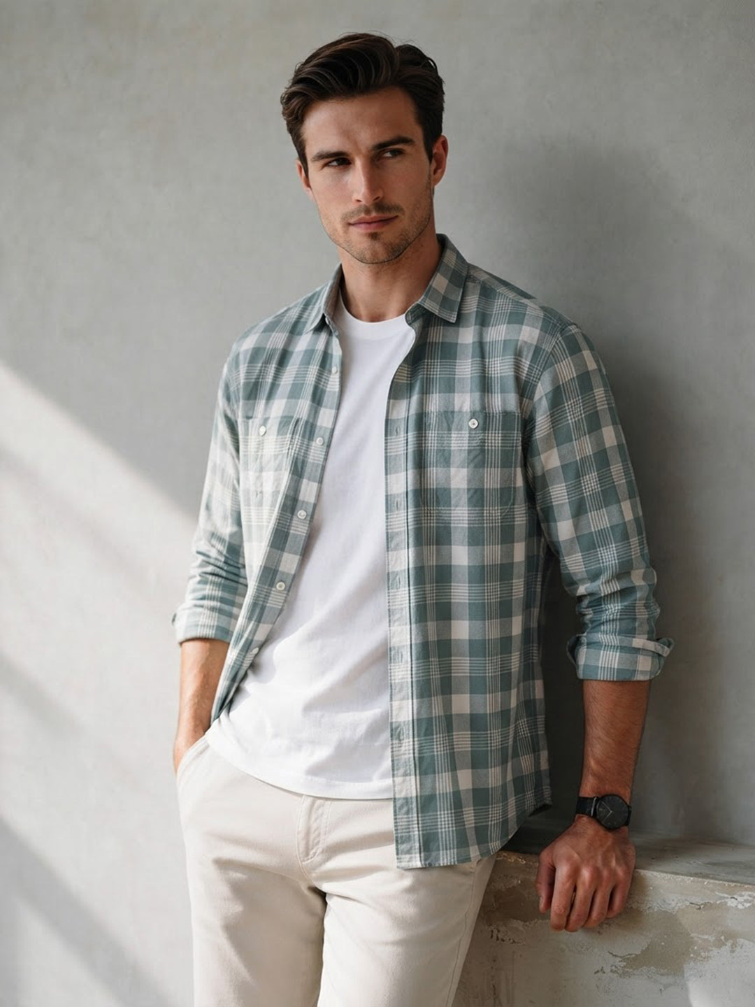 Misty Sage Checked Casual Shirt with Dual Chest Pockets