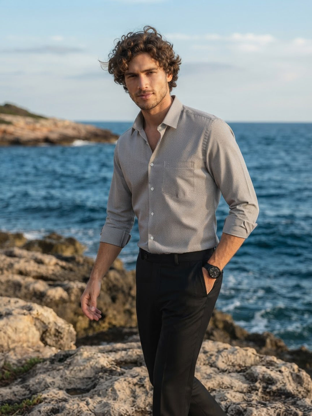Light Grey and Black Micro Checked Printed Casual Shirt