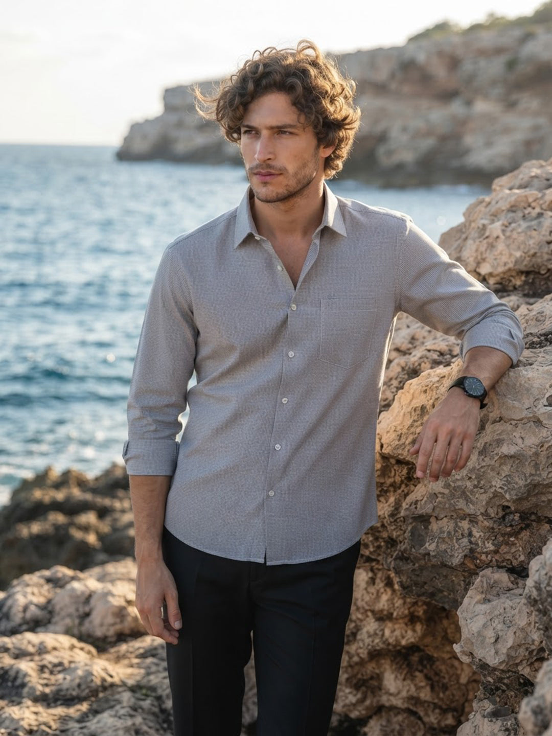Light Grey and Black Micro Checked Printed Casual Shirt