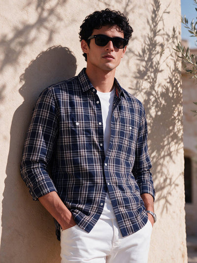 Deep Navy Checked Casual Shirt with Dual Chest Pockets