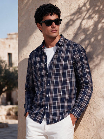 Deep Navy Checked Casual Shirt with Dual Chest Pockets