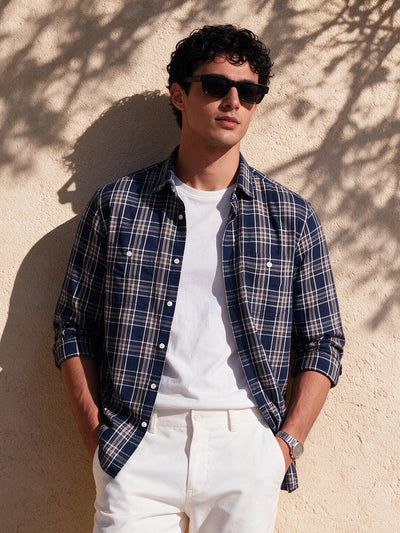 Deep Navy Checked Casual Shirt with Dual Chest Pockets