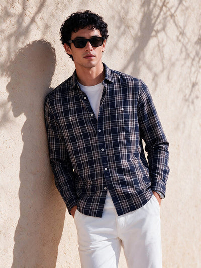 Deep Navy Checked Casual Shirt with Dual Chest Pockets