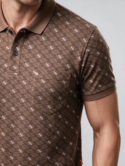 Fawn Brown Printed Polo T Shirt