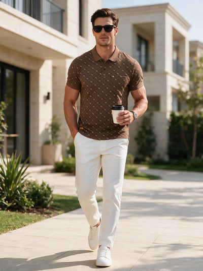 Fawn Brown Printed Polo T Shirt